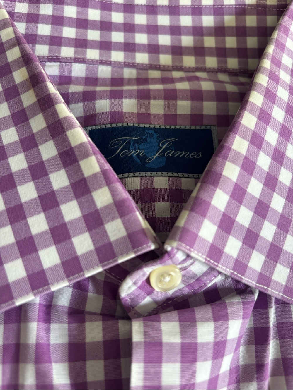 TAKING OFFERS! Tom James Custom Purple Gingham Dress Shirt, *XL (see measurement - Picture 3 of 9